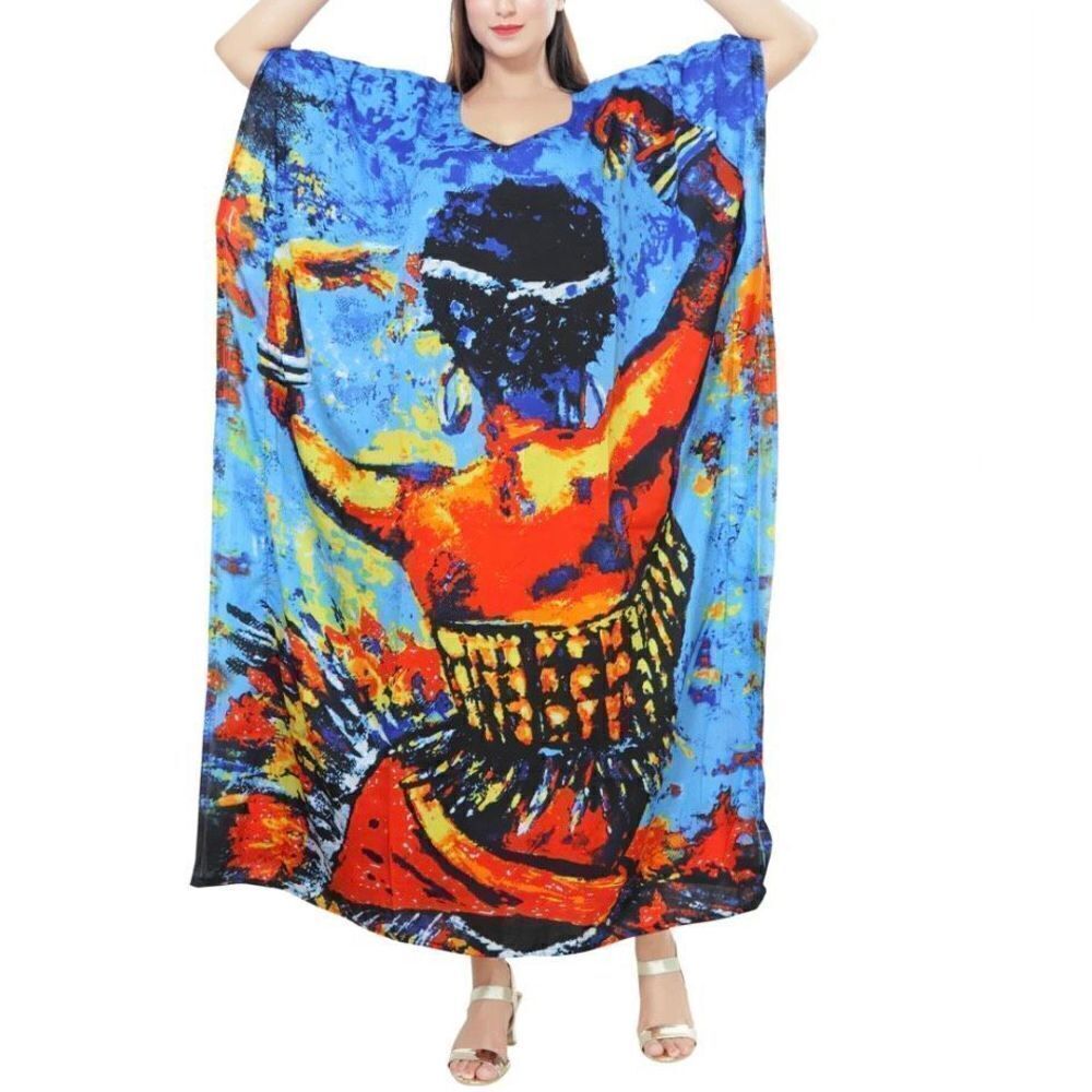 NWT Nf One Size Gorgeous Dancing Lady Blue Yellow Orange Kaftan dress with Scarf